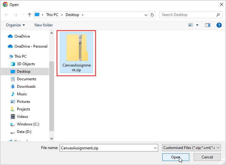 The zip file called CanvasAssignment on the device desktop is highlighted.